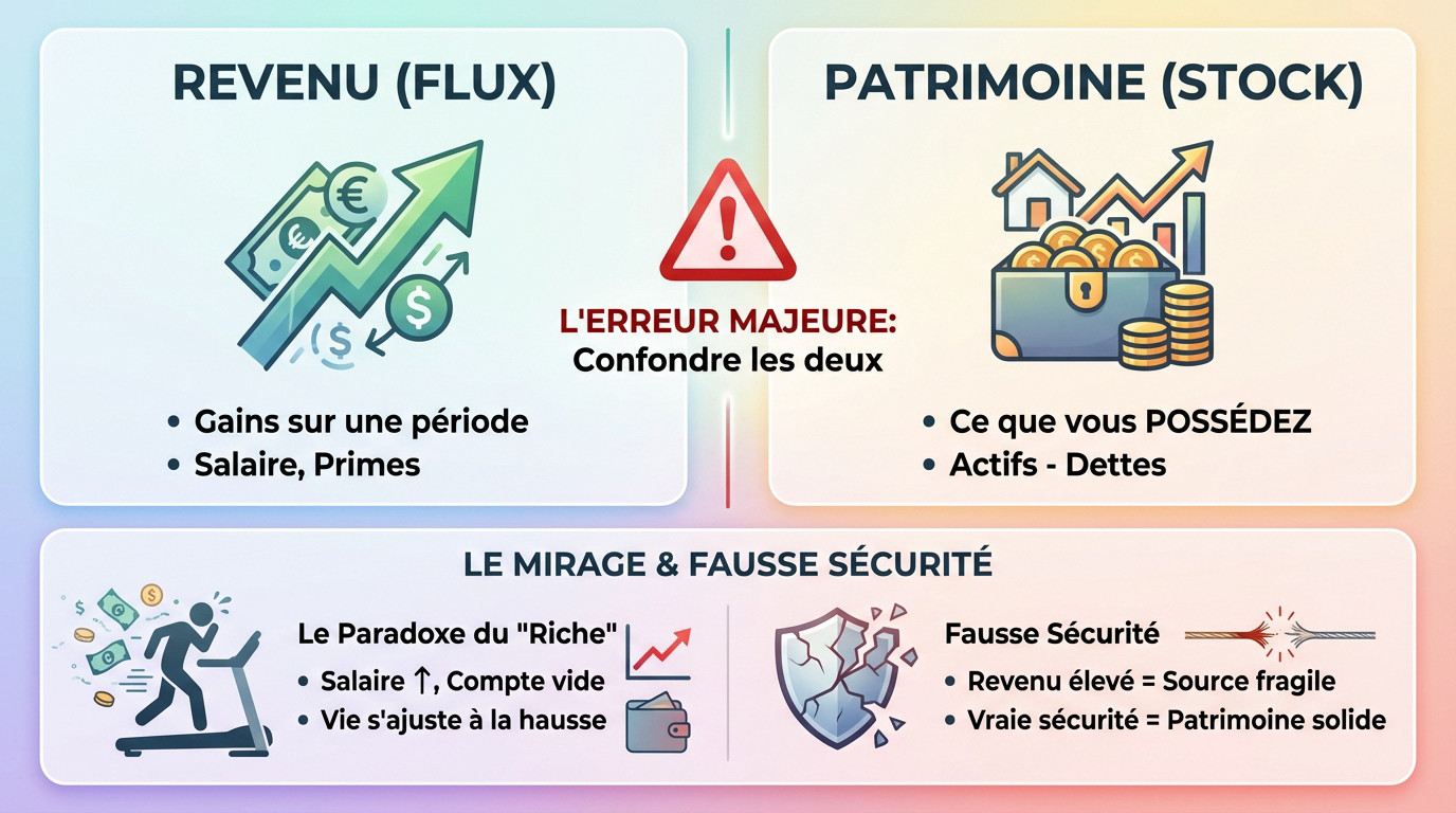 Infographie illustrant la différence entre revenu et patrimoine et son impact sur la sécurité financière