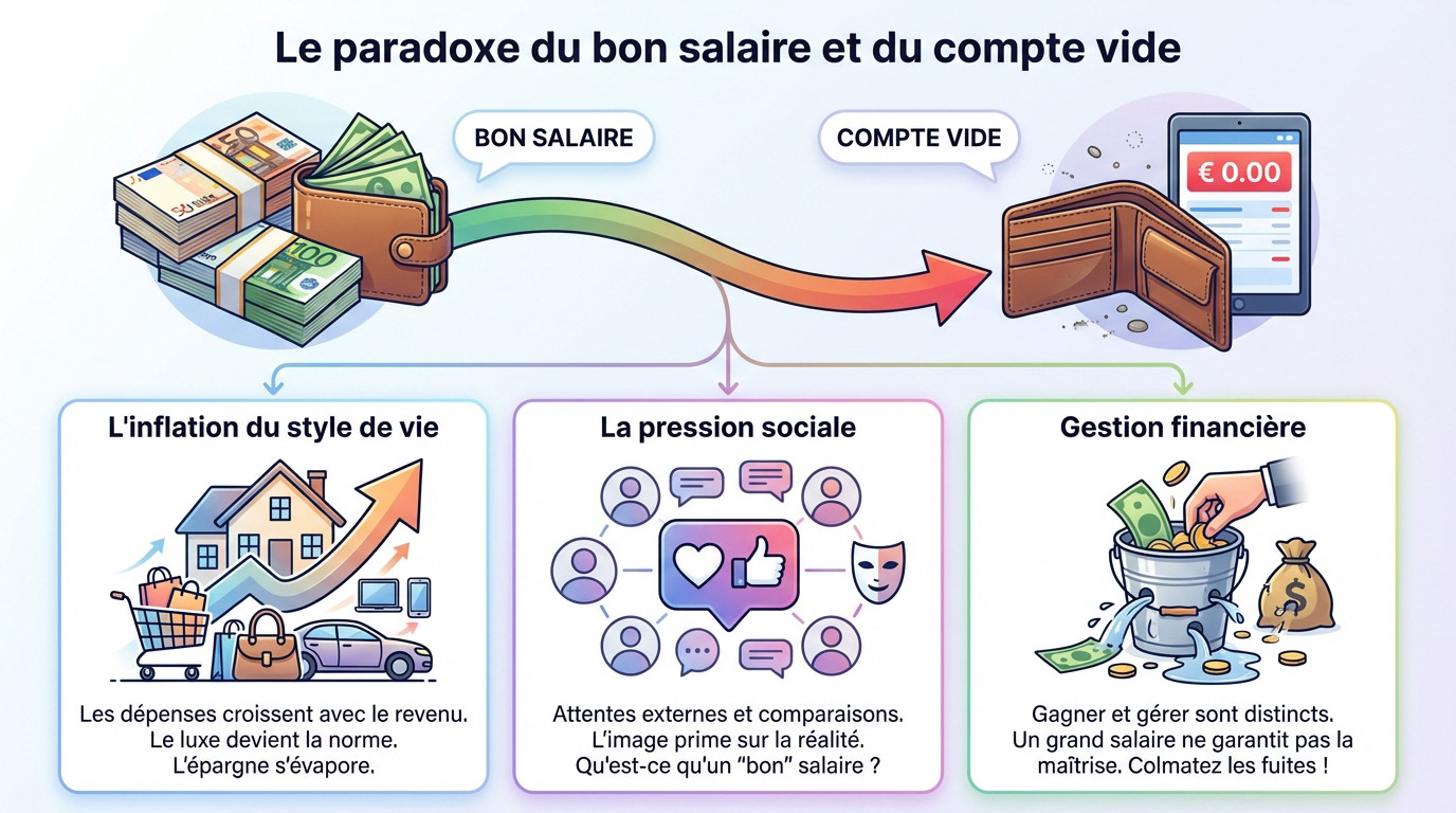 Homme stressé regardant ses comptes vides malgré un salaire élevé
