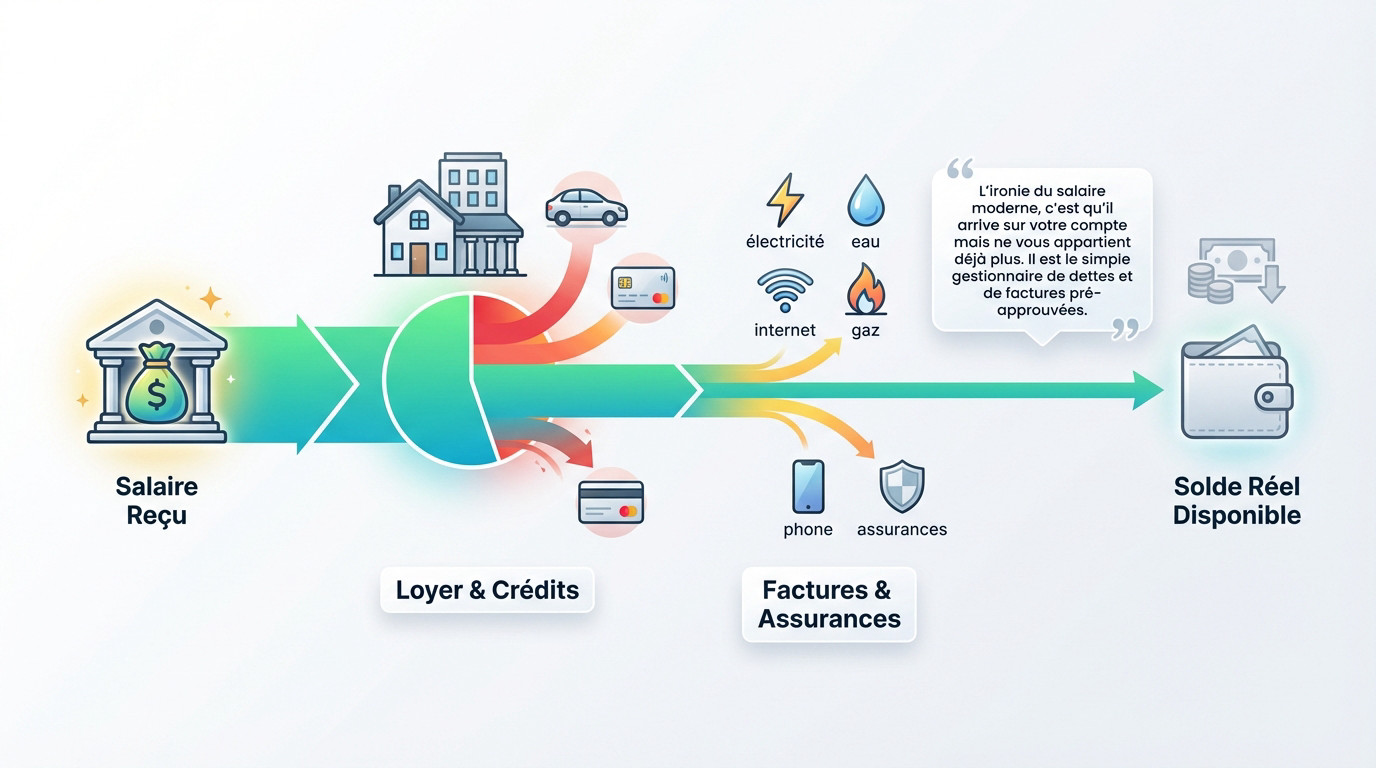 Graphique montrant l'évaporation rapide du salaire due aux charges fixes en début de mois