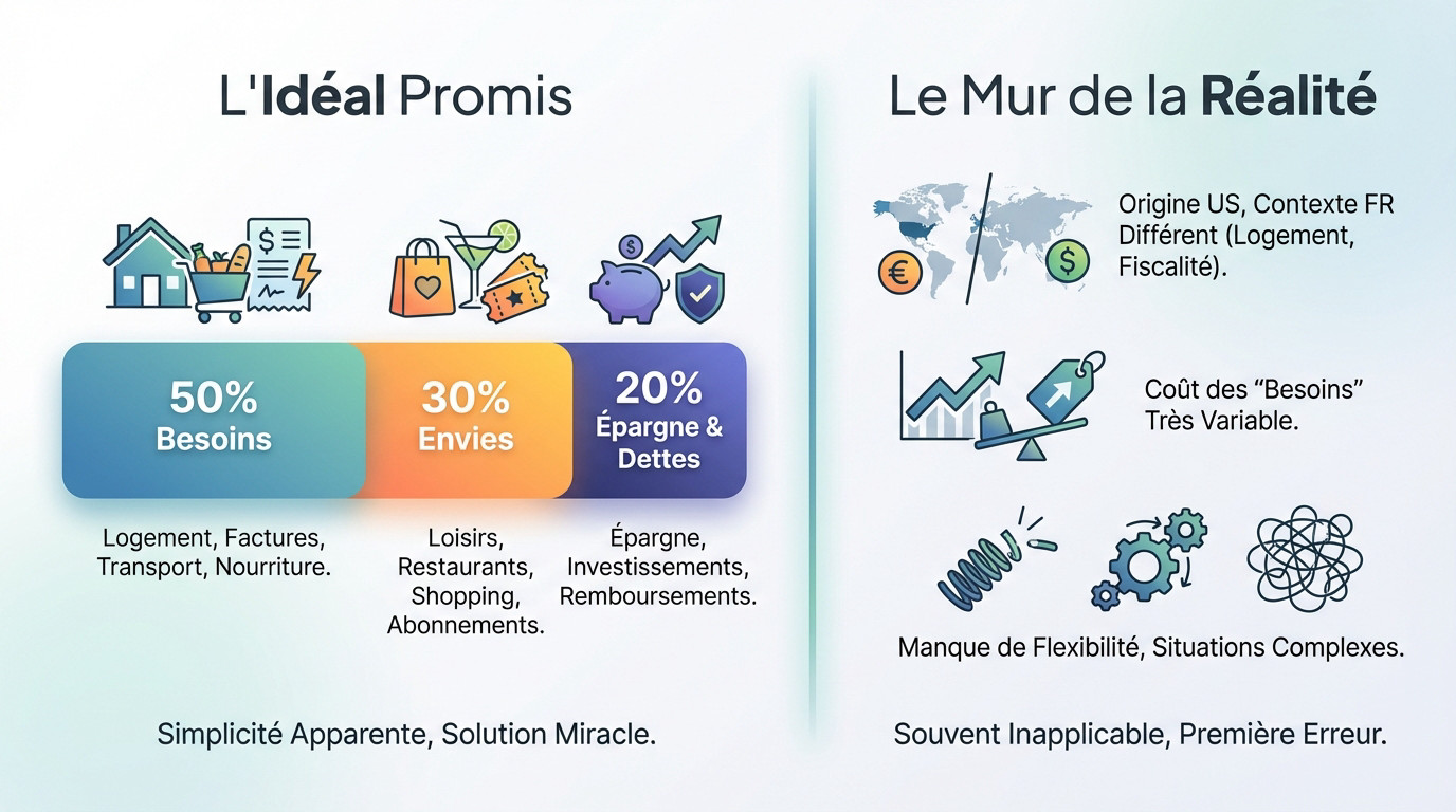 Graphique montrant la règle 50/20/30 confrontée aux dépenses réelles et aux imprévus financiers
