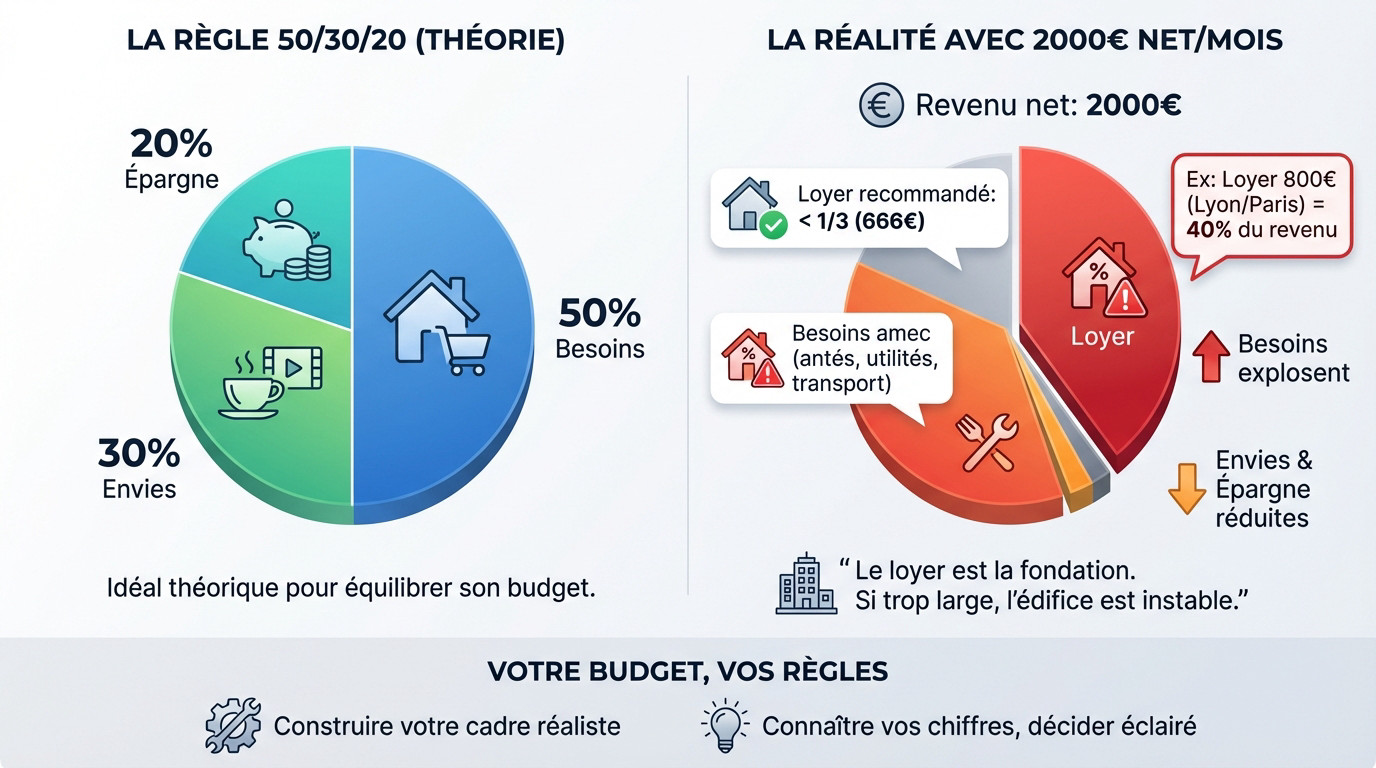Graphique comparant la théorie budgétaire 50/30/20 à la réalité du coût du logement en France pour un revenu moyen
